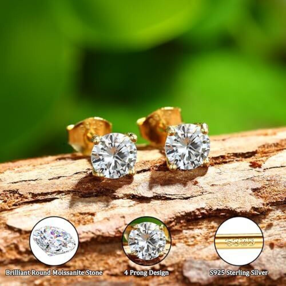 4450 Moissanite Earrings Studs : 18K Gold Plated 925 Sterling Silver - Picture 5 of 7